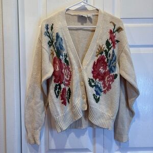 Vintage Russ Cream Floral Button Up Cardigan - Size Small